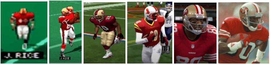 Rappresentazioni progressivamente più realistiche della leggenda del football Jerry Rice nei videogiochi