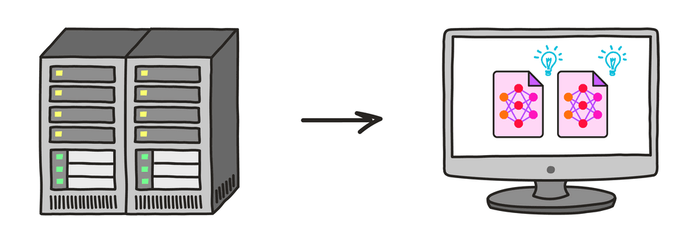 L'immagine mostra un server rack con multiple unità di storage che trasferisce dati (rappresentato da una freccia) verso un monitor che visualizza due documenti con icone di lampadine, simboleggiando l'elaborazione intelligente dei dati o insights generati dal sistema.