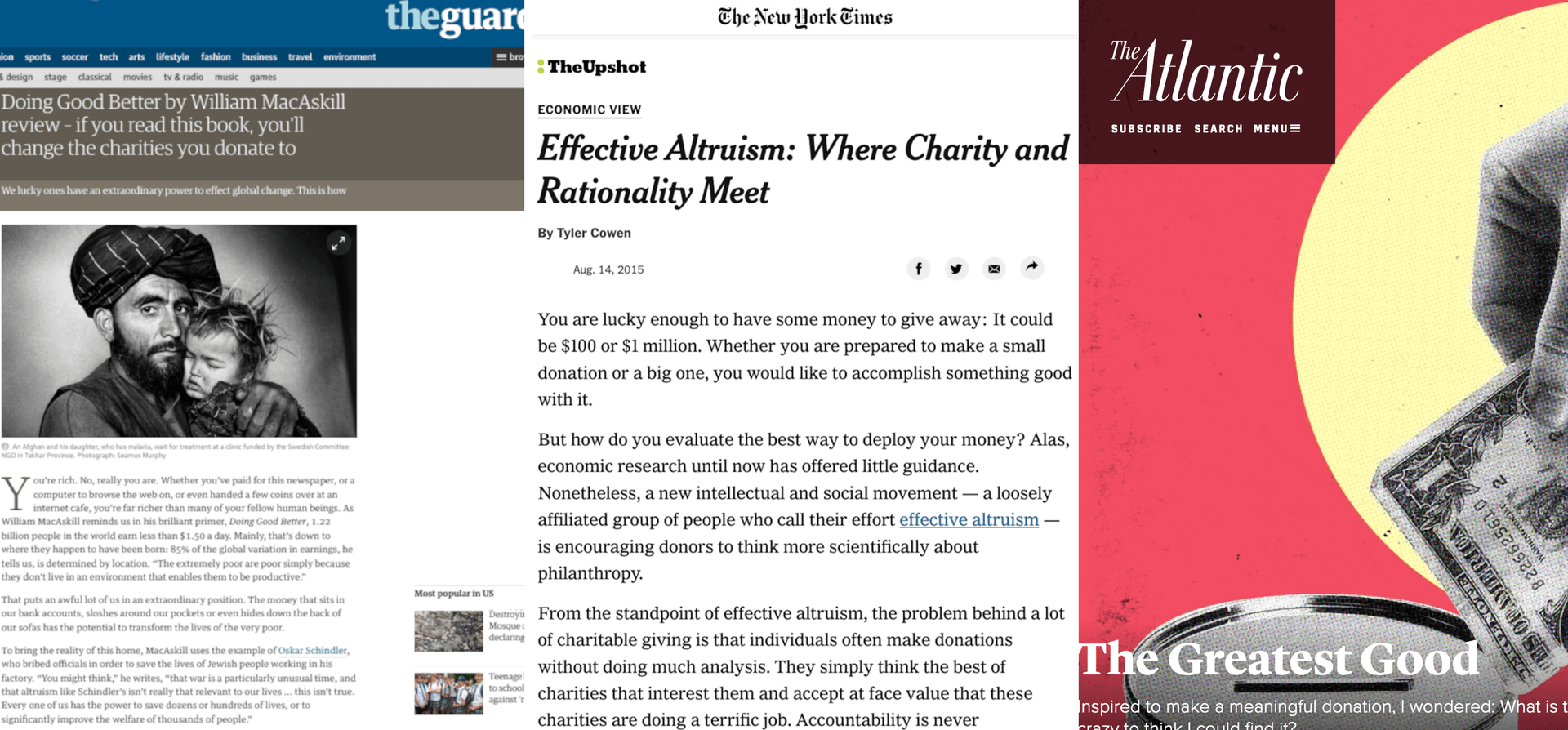 L'immagine mostra screenshot di tre articoli tratti da diverse pubblicazioni sull'altruismo efficace e la filantropia.