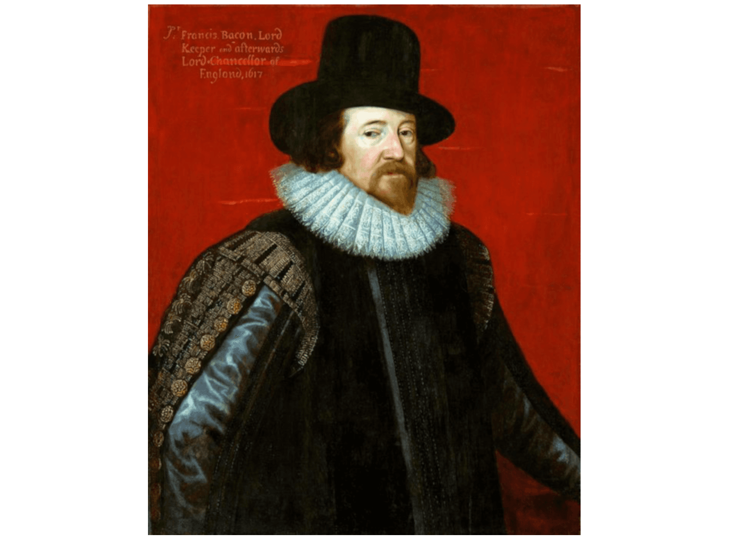 L'immagine mostra un ritratto di Francis Bacon, vestito in stile rinascimentale, con un grande cappello e un collare a ruffia. Lo sfondo è prevalentemente rosso con un testo descrittivo nell'angolo in alto a sinistra.