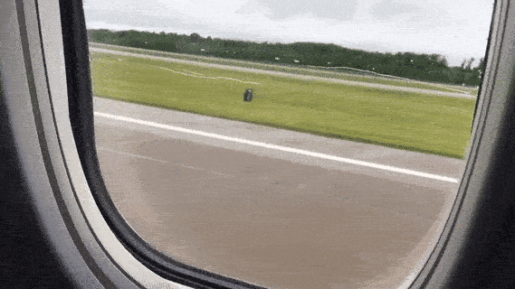 L'immagine è una GIF che mostra il finestrino di un aereo in procinto di decollare con vista sulla pista.