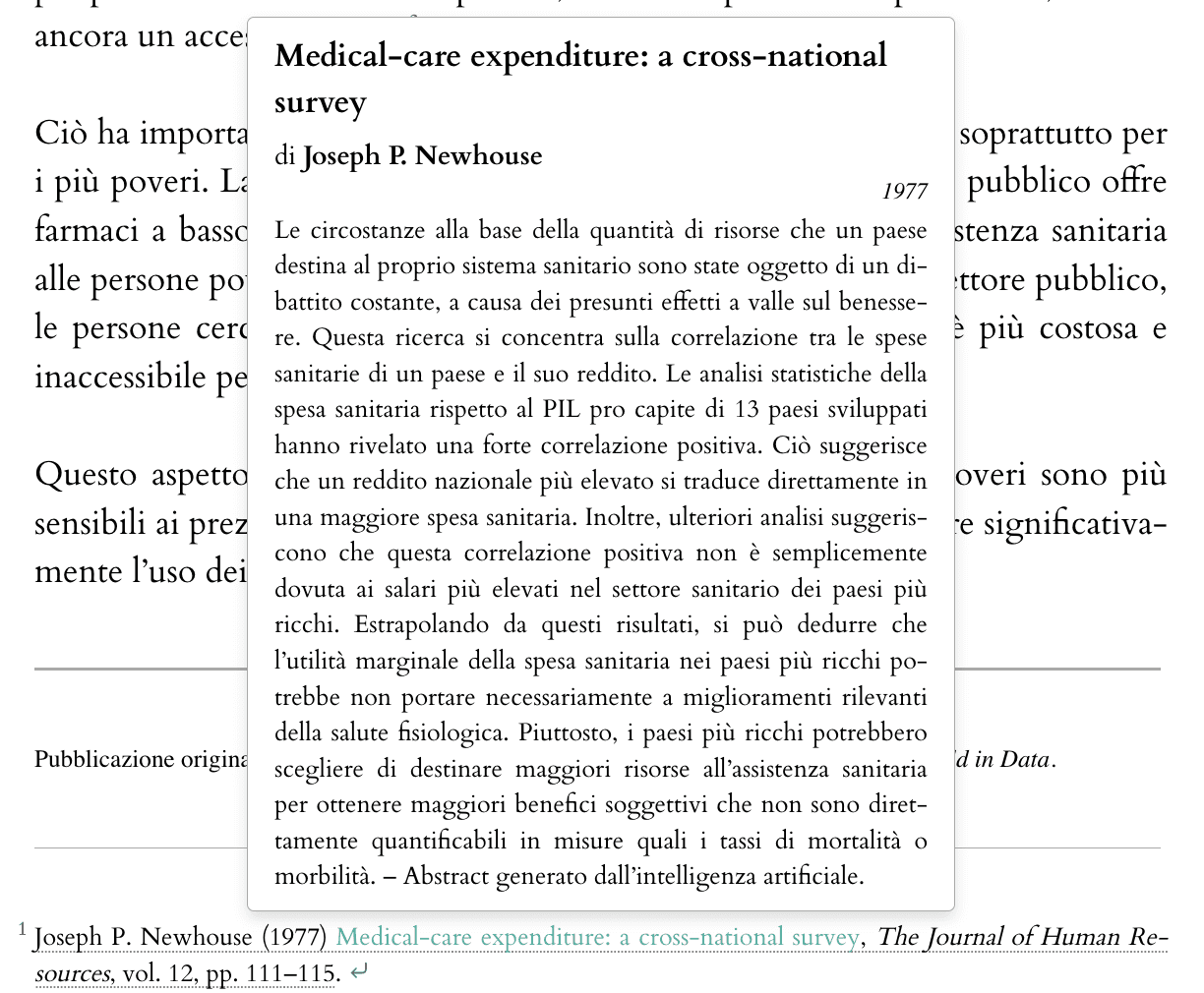 Screenshot che evidenzia il sistema di gestione delle citazioni