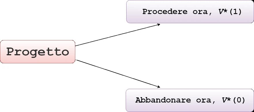 L'immagine mostra un diagramma decisionale con un rettangolo etichettato ‘Progetto’ e due opzioni di uscita: “Procedere ora” e “Abbandonare ora”, ciascuna in un rettangolo e collegata al “Progetto” da frecce.