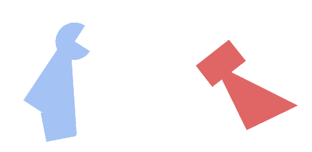 L'immagine mostra due figure astratte, una blu a forma di ‘thneeb’ e l'altra di forma diversa, ma di colore rosa.